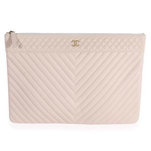 Chanel Beige Chevron Quilted Washed Caviar Large O-Case